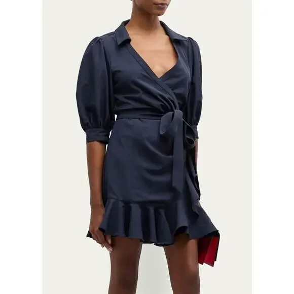 Cinq à Sept Women's Navy Vickie Puff-Sleeve Ruffled Mini Wrap Dress Size 10 NWOT - Picture 2 of 10